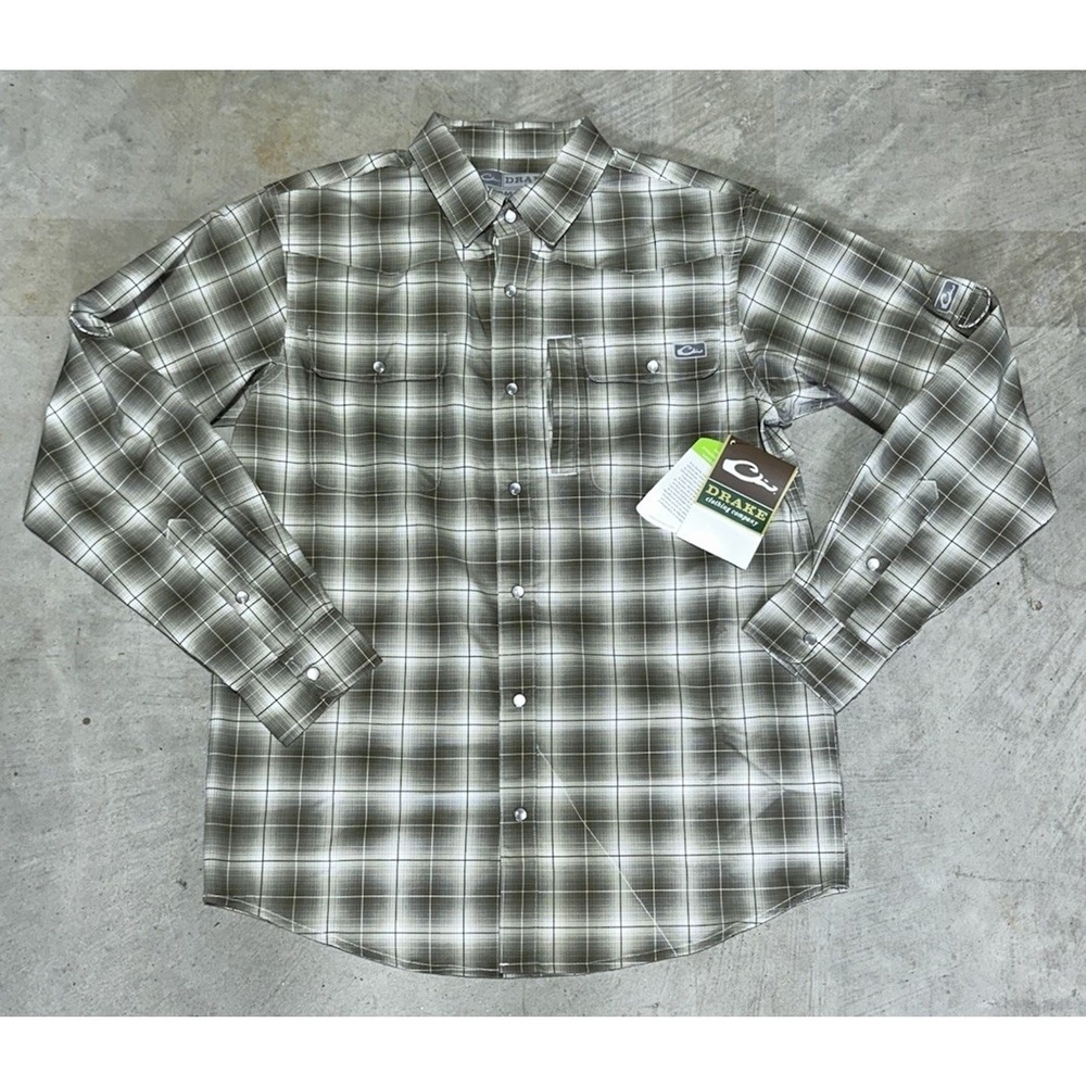 DRAKE Cinco Ranch Western Plaid Pearl Snap Kalamata Olive Green Shirt Sz Small